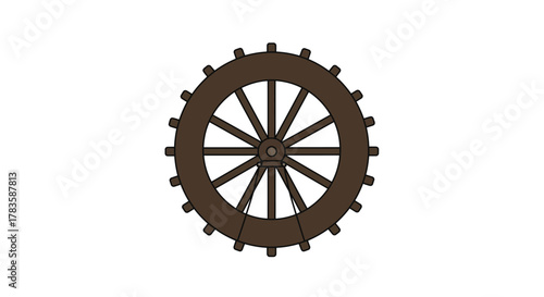 Brown wooden spoked wheel with external gear teeth on a white background