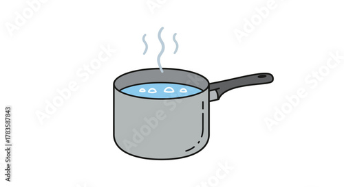 Cartoon depiction of a gray saucepan with boiling blue water emitting steam