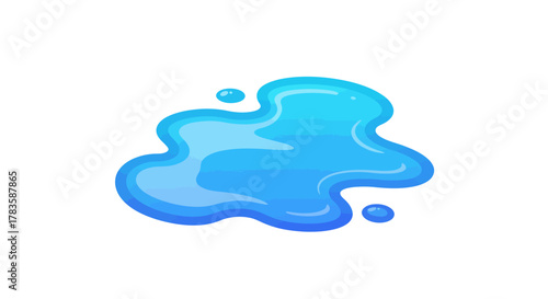 Cartoon illustration of a blue liquid puddle with smaller droplets on a white background