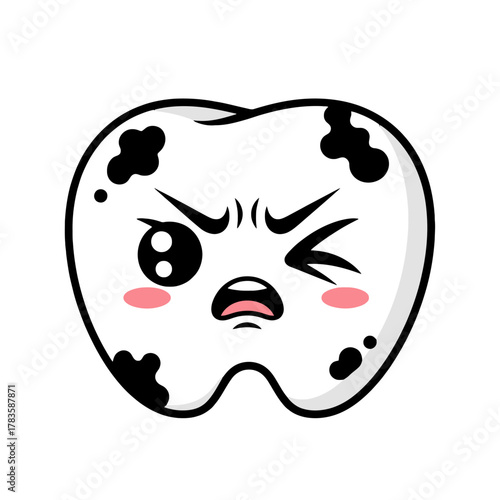 An angry cartoon tooth character with black spots representing decay and dental problems
