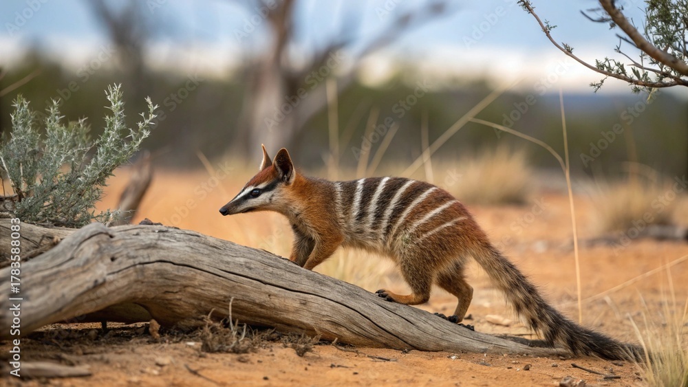 Obraz premium Rare Numbat (Myrmecobius fasciatus) marsupial actively foraging for termites in its arid Western Australian bushland habitat.