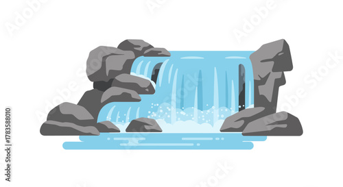Flat design illustration of a small waterfall cascading over gray rocks into a blue pool