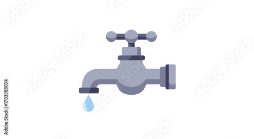 Flat illustration of a gray outdoor water faucet dripping a single blue water drop