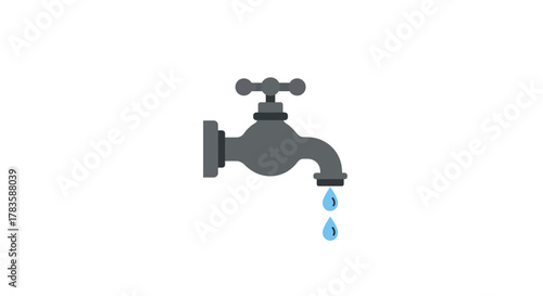Gray outdoor faucet dripping two blue water drops against a white background