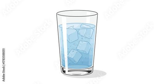 Glass of clear water with five ice cubes on a white background