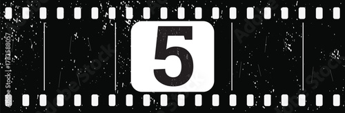 Vintage filmstrip countdown frame number 5 with grunge texture on transparent background