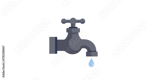 Gray outdoor spigot dripping a single light blue water drop