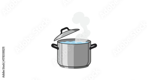 Illustration of a silver pot of boiling water with the lid partially open releasing steam