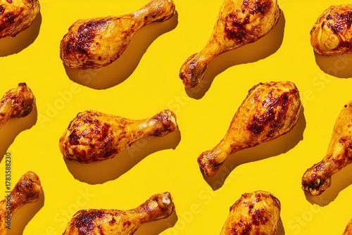Roasted Chicken Drumsticks Lie on a Bright Yellow Background, Arranged in a Repeating Pattern for a Culinary Presentation