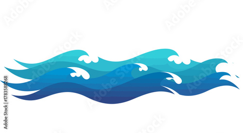 Layered graphic illustration of stylized blue ocean waves with white crests
