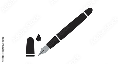 Stylized black and gray illustration of a fountain pen with uncapped and an ink drop