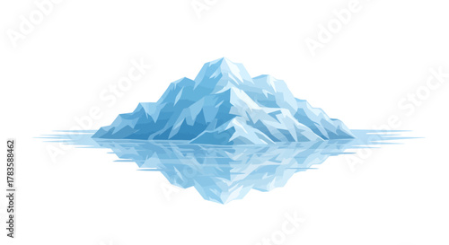 Stylized blue iceberg reflecting in calm water against a white background