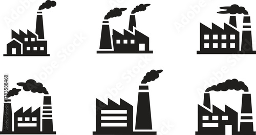 Collection of Factory and Industrial Plant Icons with Smoke Stacks