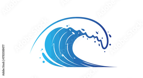 Stylized blue ocean wave cresting and splashing against a white background
