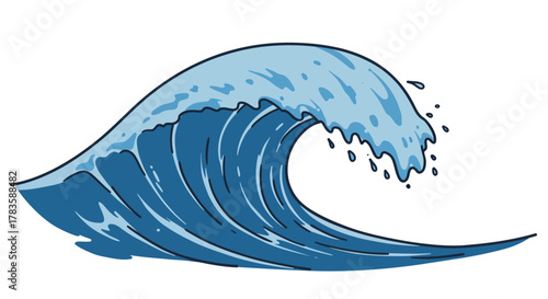 Stylized blue ocean wave curling over featuring dark outlines and lighter interior splashes