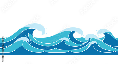 Stylized blue ocean waves layered against a white background