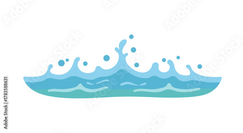Stylized blue water splash illustration with droplets on a white background