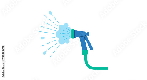 Stylized illustration of a blue and green hose nozzle spraying water against a white background