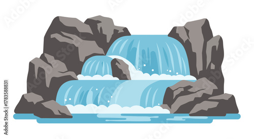 Stylized illustration of a multitiered waterfall cascading over gray rocks into a pool