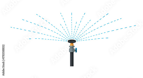 Stylized illustration of a rotating sprinkler spraying water in dashed blue lines