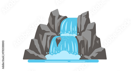 Stylized illustration of a twotiered waterfall cascading between dark gray rocks