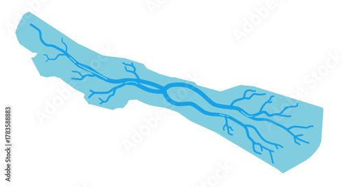Stylized map showing a central river channel with tributaries and a light blue floodplain