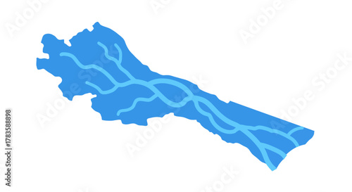 Stylized map showing a blue elongated shape with lighter blue river lines