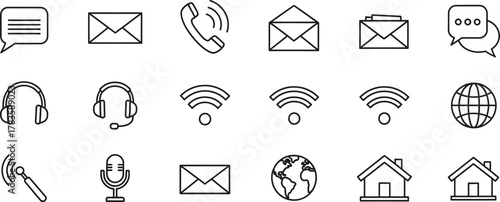 Collection of Modern Communication Technology Outline Icons on White Background