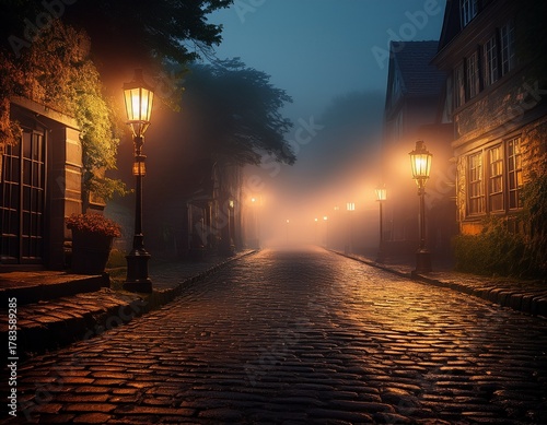 a foggy cobblestone street at night illuminated by old fashioned street lamps creating an eerie scene