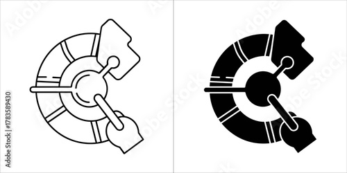 Stylized compass rose icon with a central pivot and directional indicators, presented in both outline and solid black versions