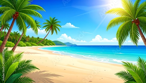 Fototapeta Naklejka Na Ścianę i Meble -  Sunny tropical beach scene with palm trees, bright blue water, and a clear sky, evoking vacation vibes