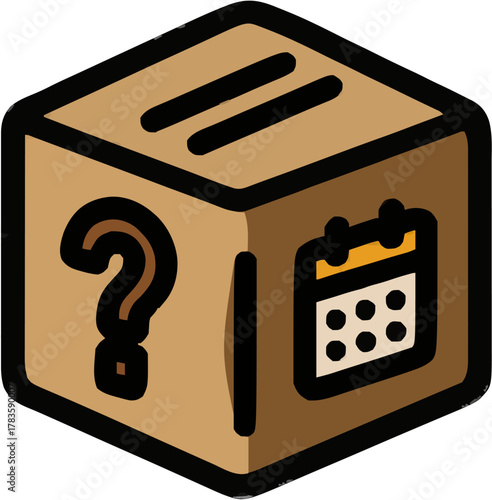 A cartoonish puzzle box with a question mark inscription.