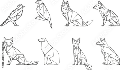 Eight elegantly simple line art depictions of a bird and a fox