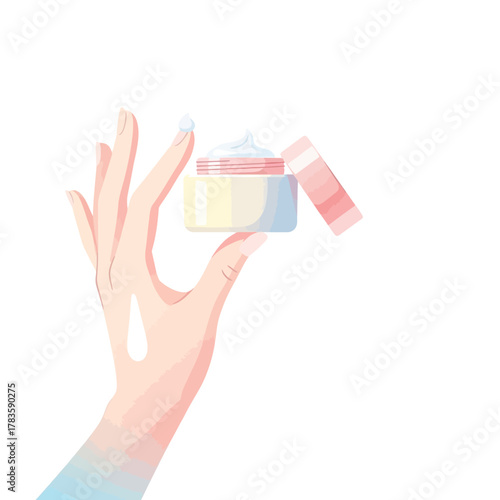 Hand holding cream jar illustration representing skincare, moisturizing, and self-care concept.