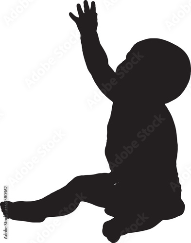 Silhouette of infant toddler reaching hand upward on white background graphic