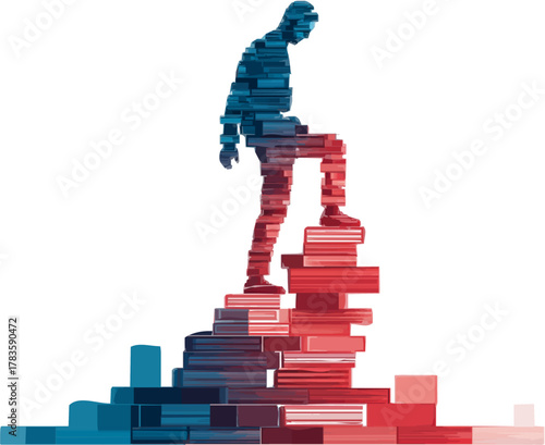 Digital Artist's Dreamscape: A Man Ascending a Tower of Blocks