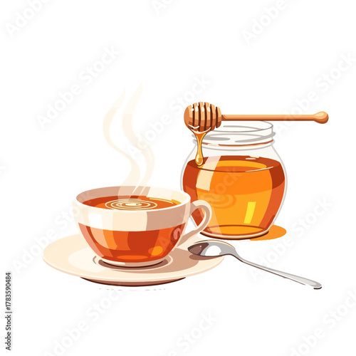 Cup of tea and honey set showing natural drink combination for health and energy.