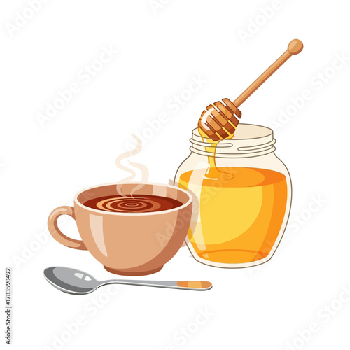 Honey with wooden dipper and tea cup representing natural sweetness and wellness.
