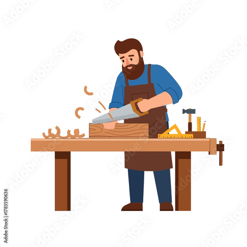 Carpenter working on wood at workshop table using hand tools and craftsmanship