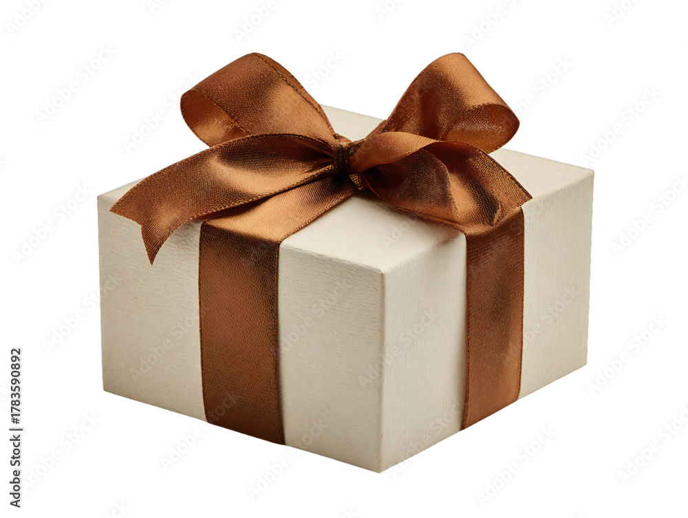 Obraz premium Ivory gift box with brown satin ribbon bow isolated on transparent background