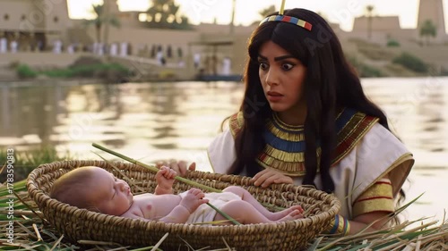 Wallpaper Mural Egyptian woman reacts to baby in a basket by the river, with figures in the background. Use for biblical stories Torontodigital.ca