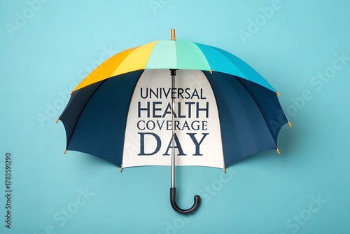 Universal Health Coverage Day Sign Under Colorful Umbrella Frame for Global Health Campaign

