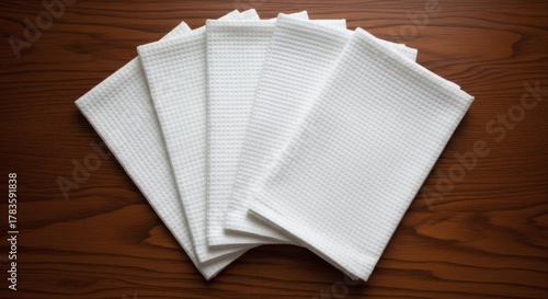Stack of White Waffle Weave Kitchen Towels on Wood Surface