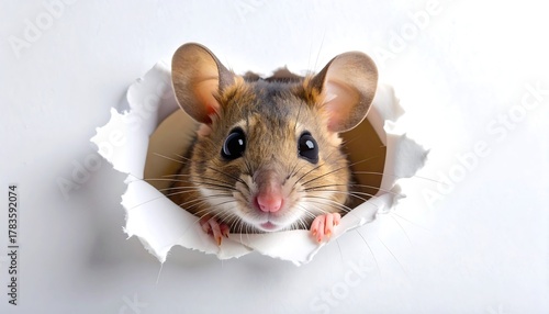 Small mouse peering through a torn hole in white paper, cute and curious with wide eyes and little paws