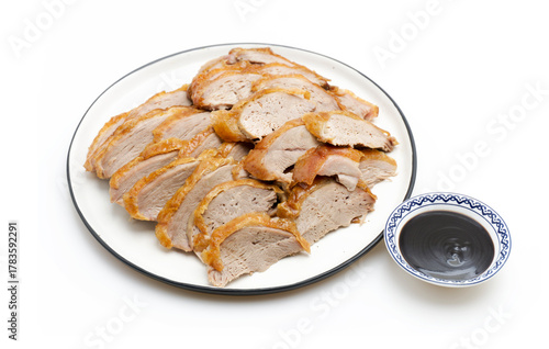 Traditional Peking Duck Slices with Cucumber, Scallion, and Sweet Bean Sauce on White Isolated Background – Chinese Cuisine