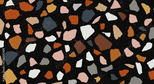 Terrazzo Pattern with Colorful Chips on Black background