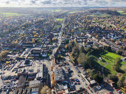 Elevated aerial capture of Alton town centre and High Street in Alton, Hampshire.