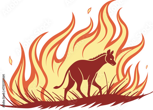 Hyena walking through fire in a stylized illustration with a bold color palette