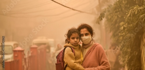 Mother and Daughter Posing in Extremely Heavy, Orange-Tinted Smog, with the Mother Wearing a Face Mask