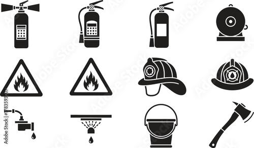 Fire safety equipment and firefighting tools in simple black icons style